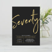 Seventy | Modern Gold & Black 70th Birthday Party Invitation (Standing Front)