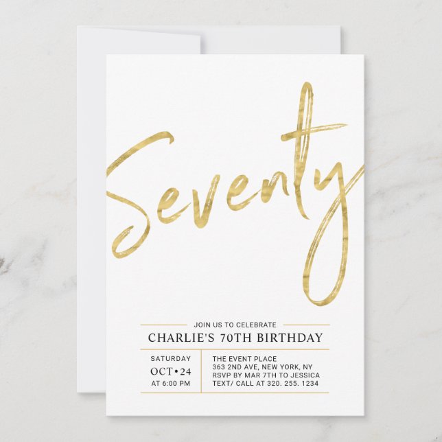 Seventy | Modern Gold Brush 70th Birthday Party Invitation (Front)