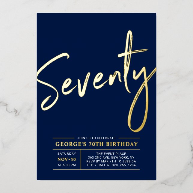 Seventy | Modern Gold Navy 70th Birthday Party Foil Invitation (Front)
