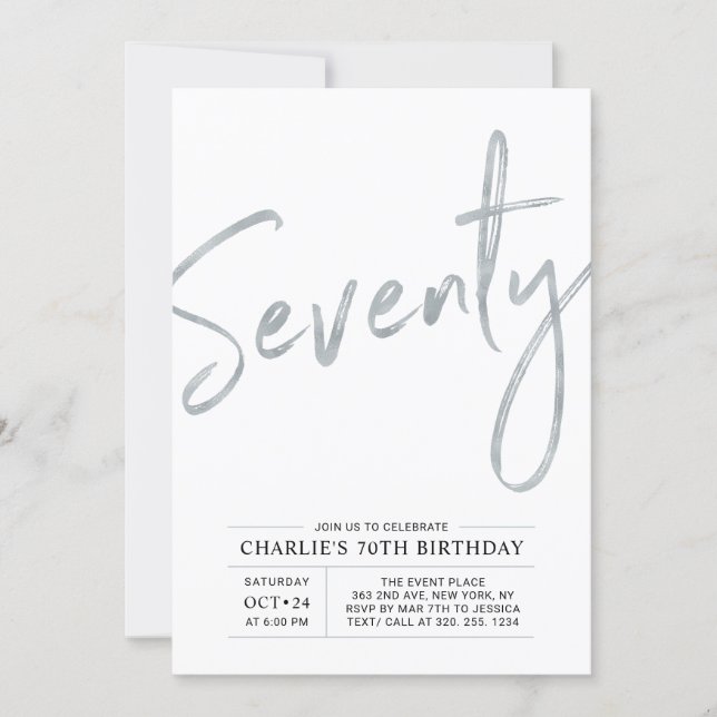 Seventy | Modern Silver Brush 70th Birthday Party Invitation (Front)