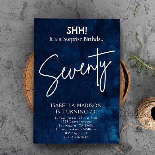 Seventy  Navy Blue 70th Birthday Surprise Party Invitation