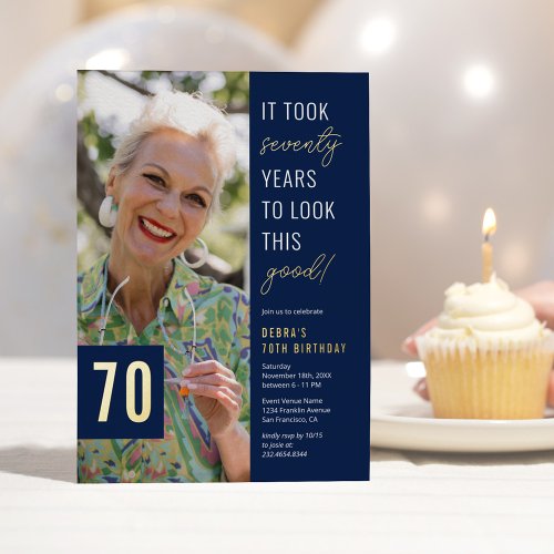 Seventy Photo Blue  Gold 70th Birthday Party Real Foil Invitation