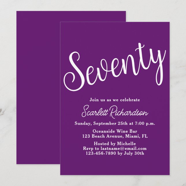 Seventy Script Autumn Purple 70th Birthday Party Invitation (Front/Back)