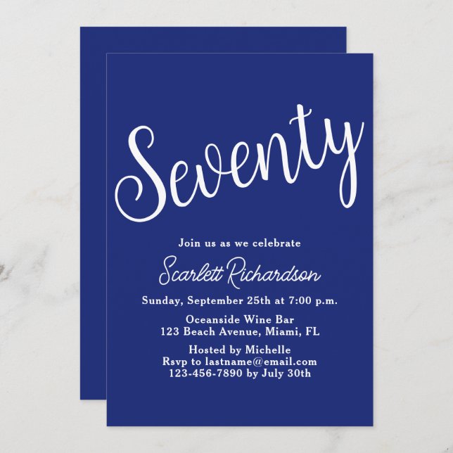 Seventy Script Navy Blue 70th Birthday Party Invitation (Front/Back)