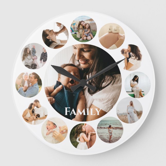 Several Photos Collage Simple Family Round Frame Large Clock (Front)