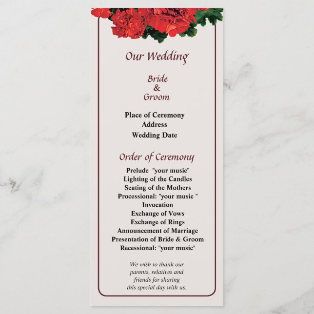 Several Red Geraniums Wedding Program (Front)