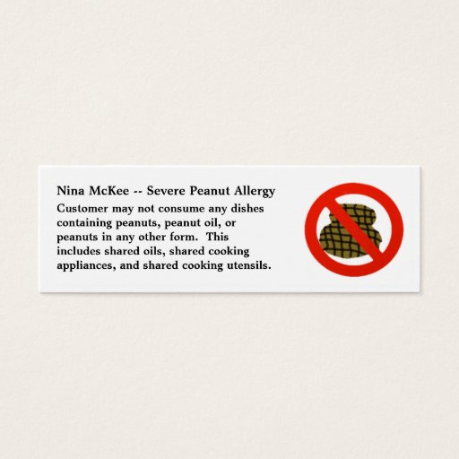 Customizable Severe Peanut Allergy Profile Card for Restaurants Business Card Templates