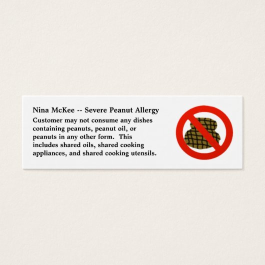 Severe Peanut Allergy Profile Card for Restaurants (Front)