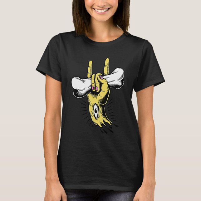 Severed Devil Horns Hand With Eye Holding a Bone T-Shirt (Front)