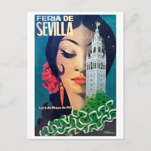 Seville city tower and black haired womanvintage postcard