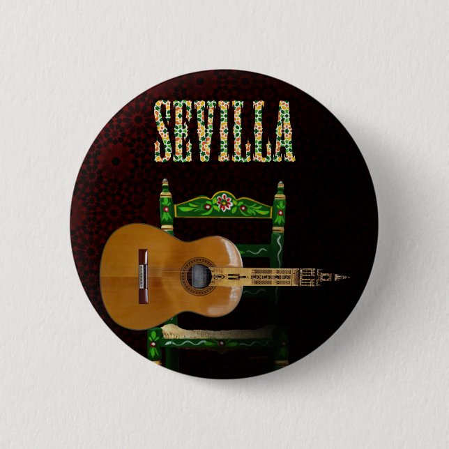 SEVILLE. Flamenco guitar with Giralda of Seville Pinback Button (Front)