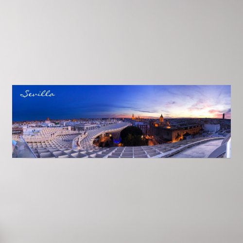 Seville night city view panorama view poster