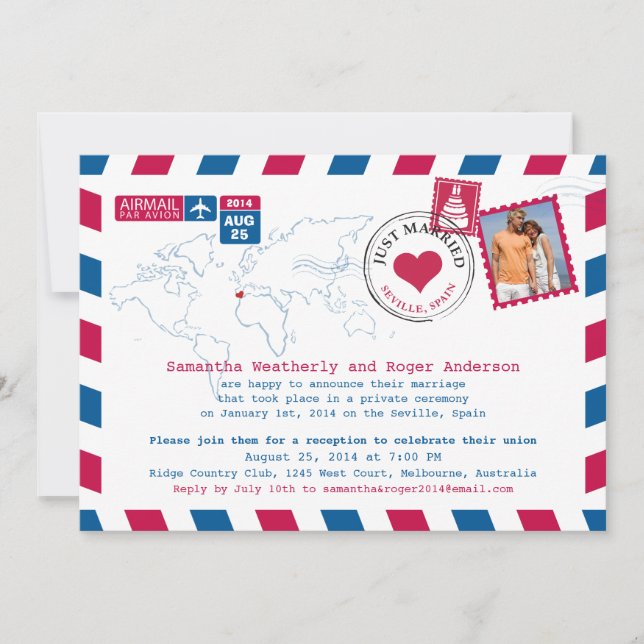 Seville, Spain Airmail Post Wedding Reception Invitation (Front)