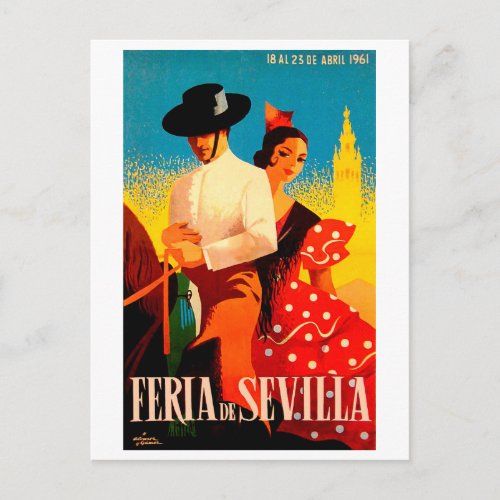 Seville Spain couple on horse vintage travel Postcard