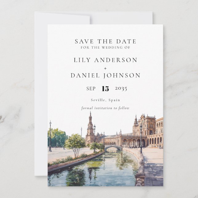 Seville Spain Watercolor Elegant Wedding Save The Date (Front)