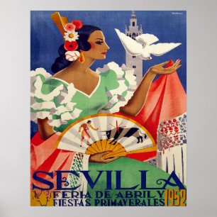 Seville, Spain, woman with white pigeon, vintage Poster