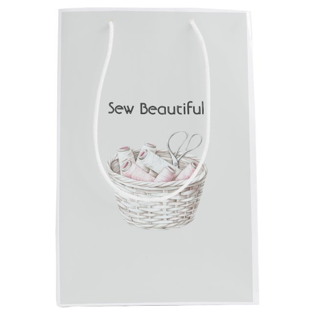 Sew Beautiful Blush Pink White Thread Basket Medium Gift Bag (Front)