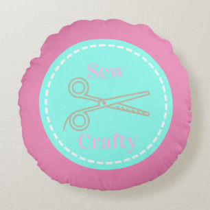 Sew Crafty Aqua Blue Circle with Scissors Round Pillow