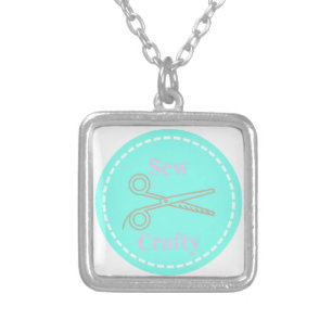 Sew Crafty Aqua Blue Circle with Scissors Silver Plated Necklace