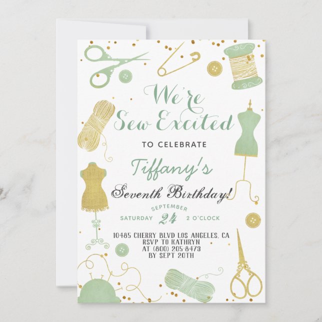 Sew Excited Sewing Birthday Invitation (Front)