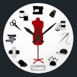 Sew Right Large Clock<br><div class="desc">Here’s my special collection of tools and supplies for fellow fiber artists for sewing, tailoring, dressmaking, needlework, darning, and crafts: sewing needles, spools of thread, pin cushion with stick pins, ribbons, bobbins, thimble, tape measure, embroidery scissors, bolt of cloth, tailor’s model, sewing machine, label and buttons. A thoughtful gift for...</div>