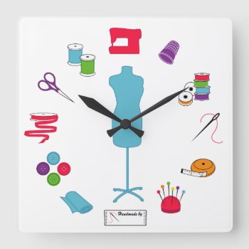 Sew Right Time Square Wall Clock by pomegranate_gallery at Zazzle