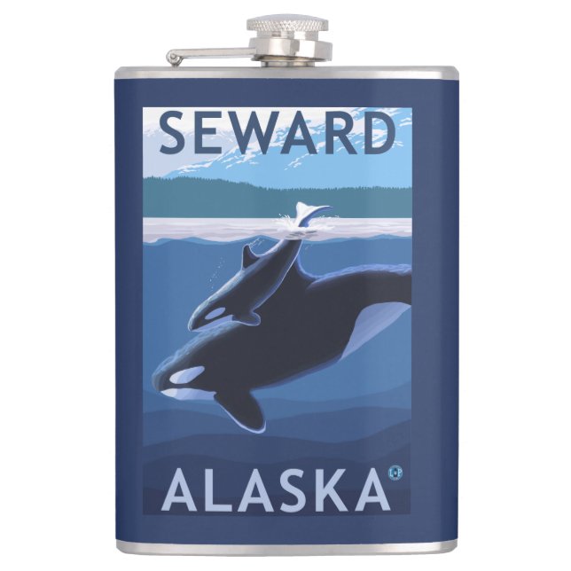 Seward, AlaskaOrca and Calf Scene Hip Flask (Front)