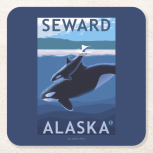 Seward, AlaskaOrca and Calf Scene Square Paper Coaster