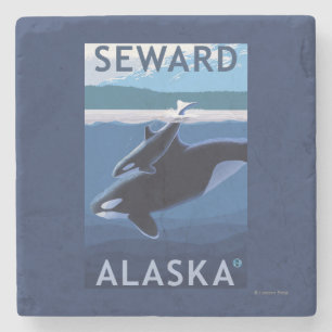 Seward, AlaskaOrca and Calf Scene Stone Coaster