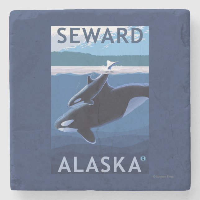 Seward, AlaskaOrca and Calf Scene Stone Coaster (Front)