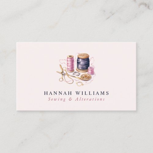 Sewing  Alterations Blush Pink  Navy Monogram   Business Card