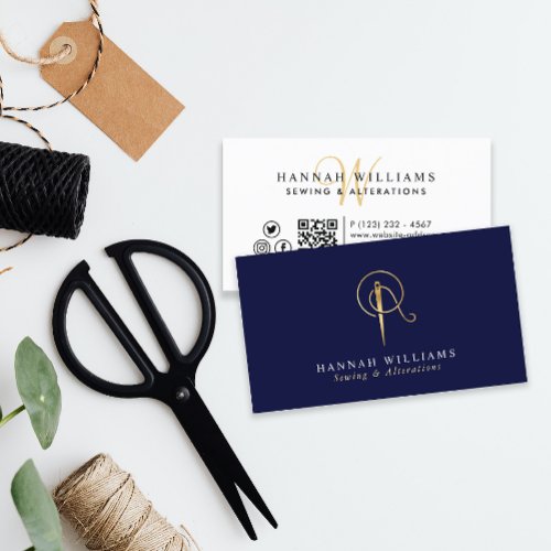 Sewing  Alterations Navy  Gold Monogram  Business Card