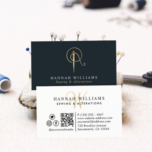 Sewing  Alterations Navy  Gold Monogram Business Card