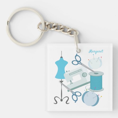 Sewing And Quilting Blue Keychain