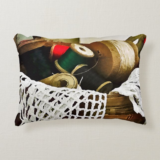 Sewing Basket With Thread and Lace Accent Pillow (Front)