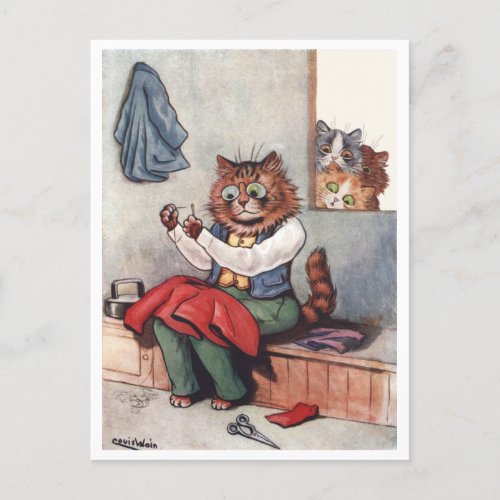 Sewing Cat Louis Wain Postcard