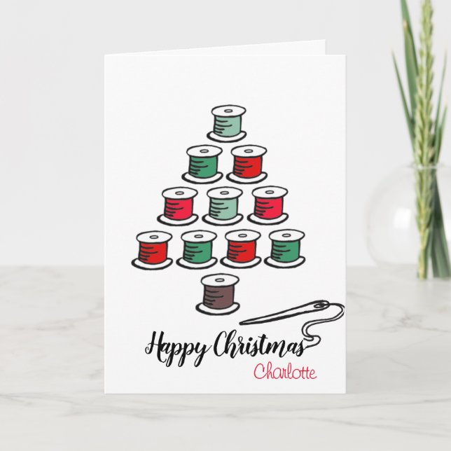 Sewing cotton reel Christmas tree red and green Card (Front)