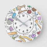 Sewing Doodles Craft Room Round Clock at Zazzle