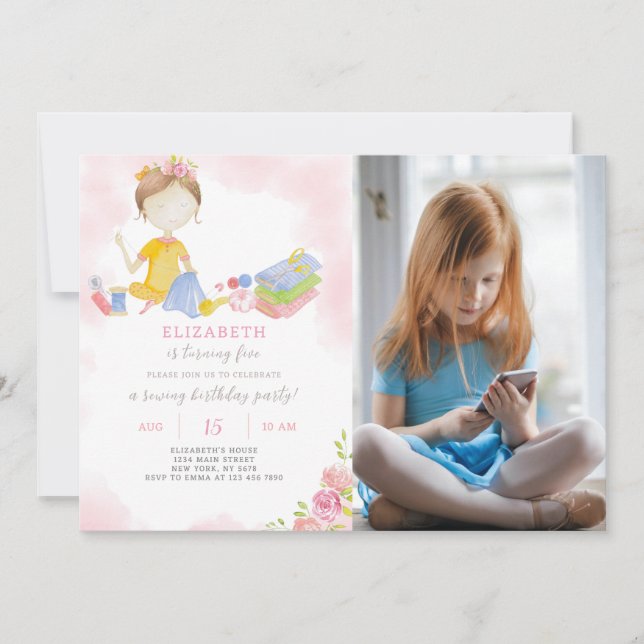 Sewing Girl Birthday Invitation With Photo (Front)