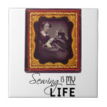 Sewing Is My Life Tile<br><div class="desc">Real photograph of a Victorian woman hard at work on her 'state-of-the-art' sewing machine,  along with a fun custom logo: Sewing is My life!</div>