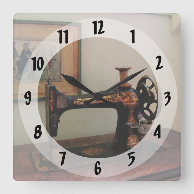 Sewing Machine and Lithograph Square Wall Clock (Front)