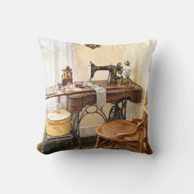 Sewing Machine and Thread Carousel Throw Pillow (Front)