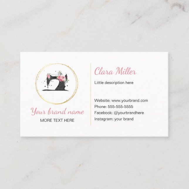 Sewing machine business card watercolor black pink (Front)