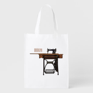 Sewing machine cartoon illustration grocery bag