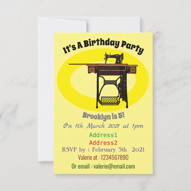 Sewing machine cartoon illustration invitation (Front)