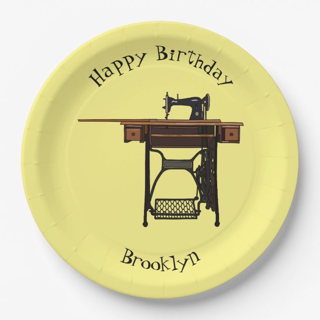 Sewing machine cartoon illustration paper plates (Front)