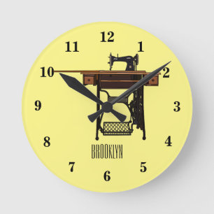 Sewing machine cartoon illustration round clock