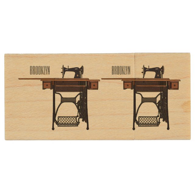 Sewing machine cartoon illustration  wood flash drive (Front)