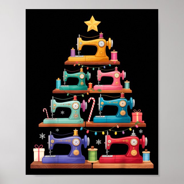 Sewing Machine Christmas Tree Lights Santa Hat Xma Poster (Front)