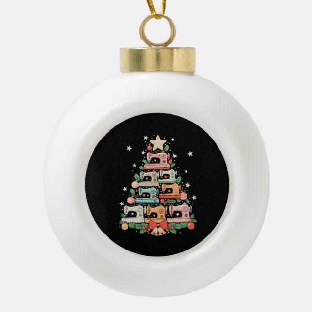 Sewing Machine Christmas Tree Stitch Knit Sew Xmas Ceramic Ball Christmas Ornament (Front)